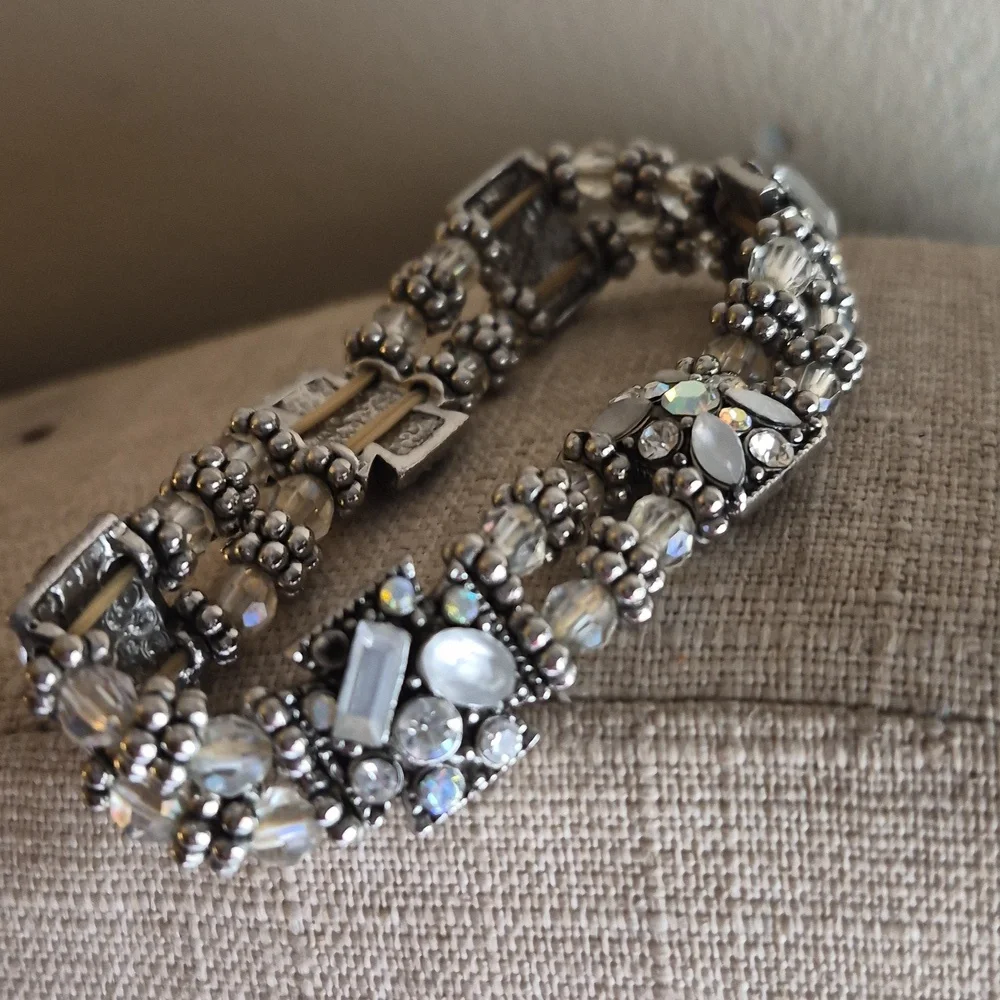 Silver Multi Rhinestone Crystal AB Beaded Stretch Expansion Statement Bracelet
